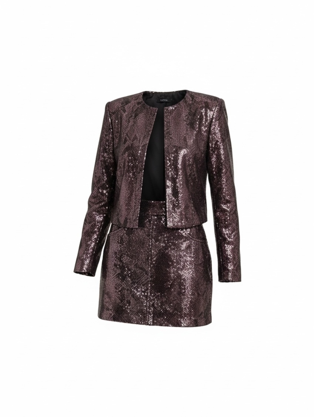Cache Metallic Sequin Jacket & Mini Skirt Set